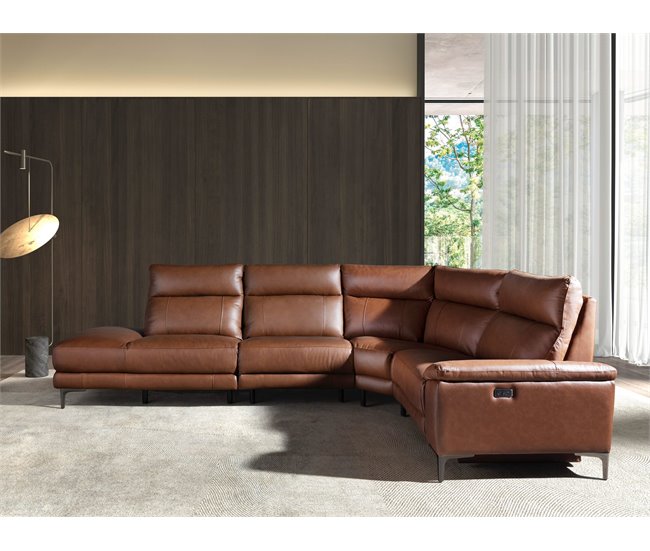 ANGEL CERDA Sofá chaise longue relax izquierda piel marrón tabaco Aluminio