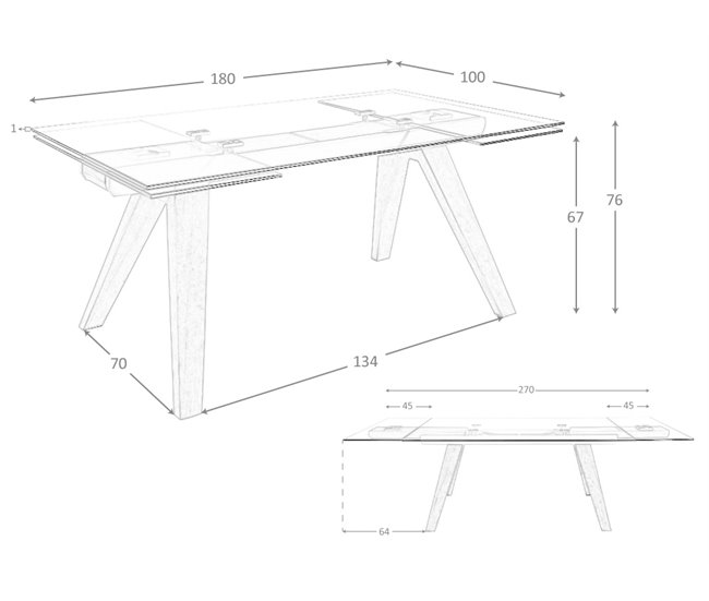 ANGEL CERDA Mesa comedor extensible rectangular cristal templado y nogal 270x100 Nogal