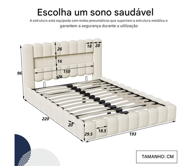 Cama, cama hidráulica, USB, iluminación LED, cama doble 193x220 Beige