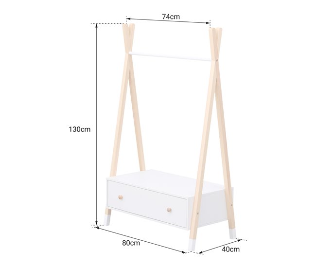 Perchero de madera y blanco con cajón para niños LOU Blanco