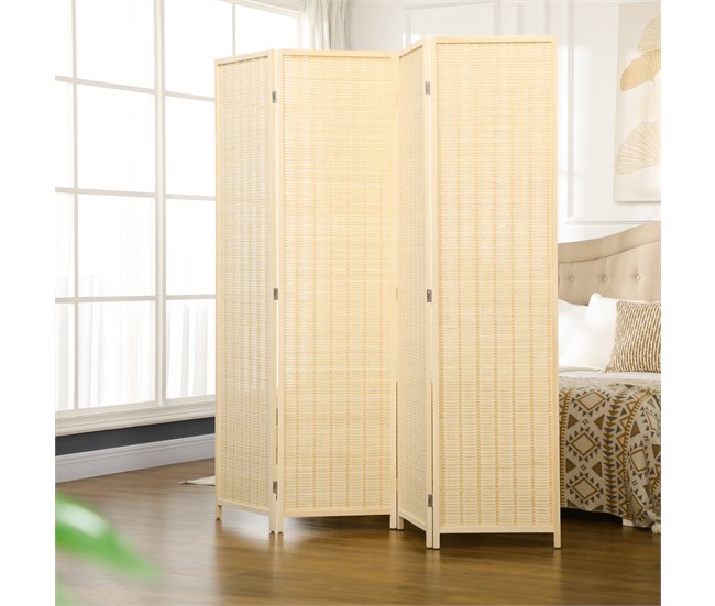 Biombo Separador Bambú, Algodón, Madera de Pino HOMCOM Marron