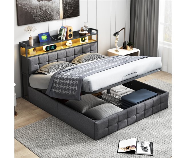 Cama LED RGB, USB-C, depósito gas, tela lino Gris