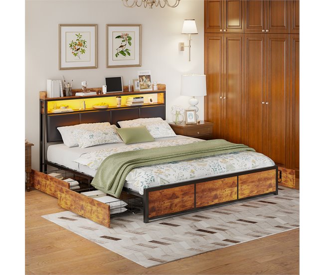 Cama, Cama de metal, 4 cajones, LED, Cama juvenil 182x217 Negro