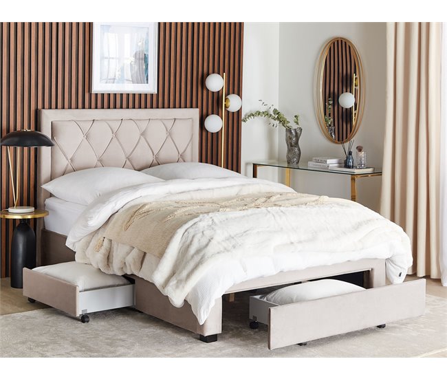 Beliani Cama con cajones Terciopelo LIEVIN 145x217 Beige