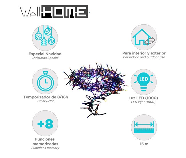 Guirnalda Clúster, 1000 luces con 8 funciones y Temporizador Multicolor