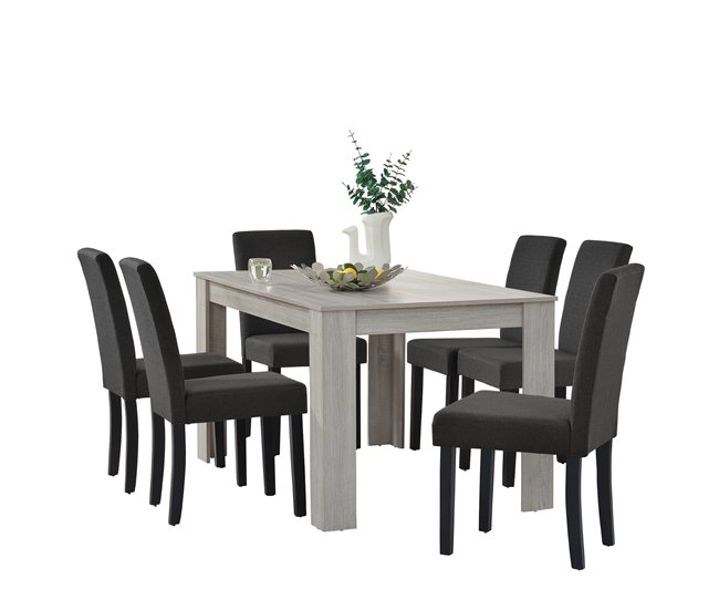 Set de comedor Kramfors mesa con 6 sillas rústico MDF textil 140x90 Roble/ Gris