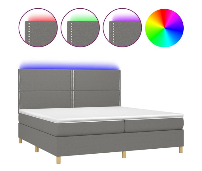 Conforama Cama box spring colchón y luces LED tela gris claro 200x200 cm Liso con clavos