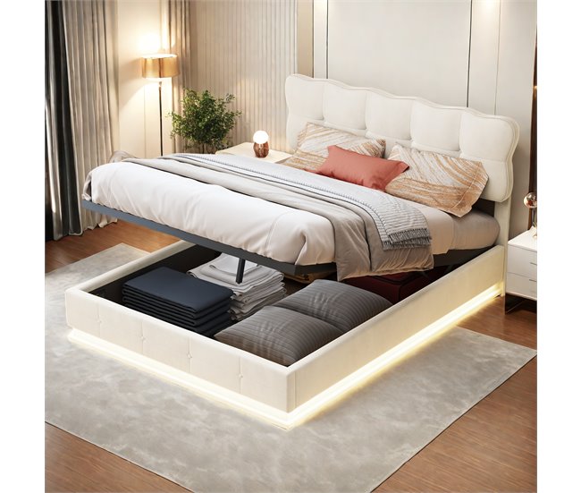 Cama, LED, cama con muelles, cama doble, cama funcional 146x204 Beige