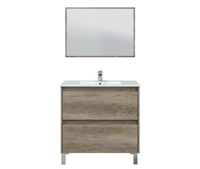 Mueble baño Devin 2 cajones, espejo y lavabo PMMA, Nordik Madera