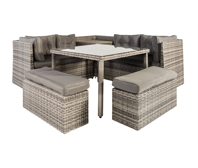 Set rinconera SEMINYAC III con mesa y puffs marrón Marron