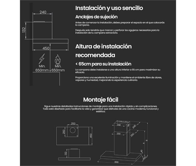 INFINITON Campana de Pared CMPT-TSH9B63N, 400 m3/h, T-Invertida Negro