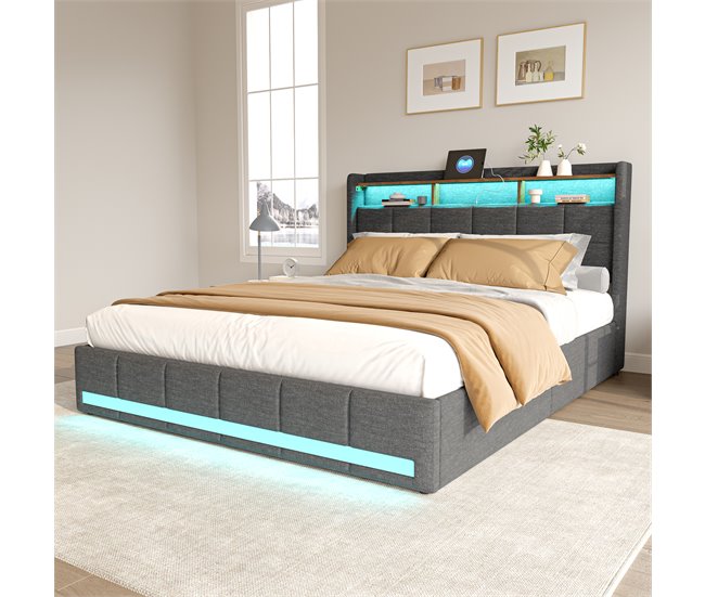 Cama tapizada, LED, USB, Tipo C, 4 cajones Gris