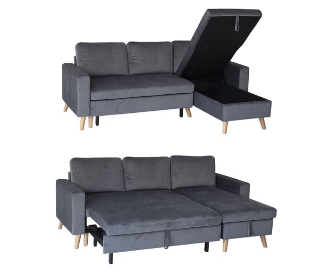 Sofá cama esquinero de terciopelo de 3 plazas JAMES Gris