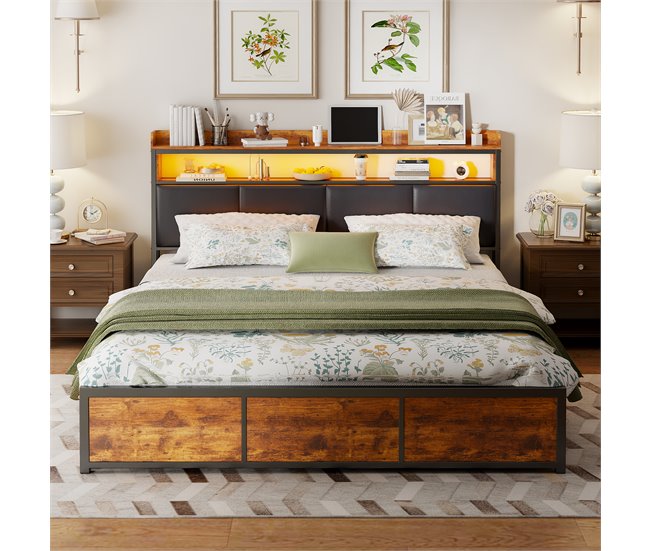 Cama, Cama de metal, 4 cajones, LED, Cama juvenil 182x217 Negro