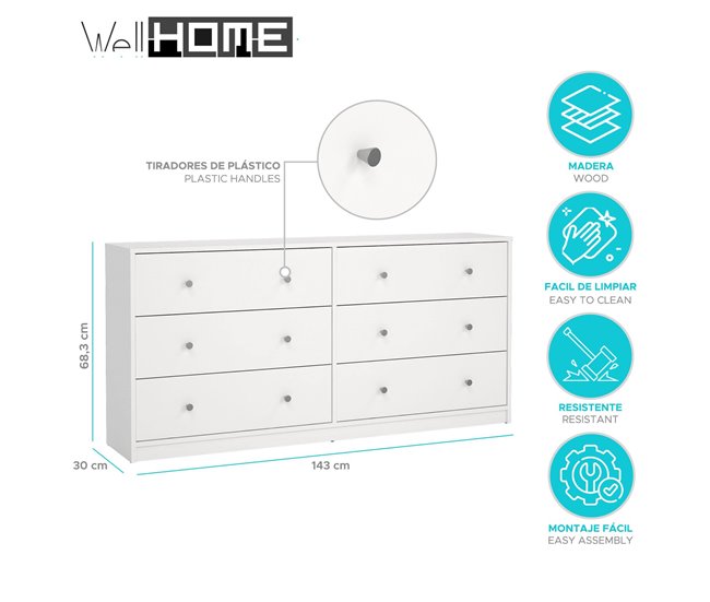 Aparador Doble Ebro con 6 cajones 38 Blanco