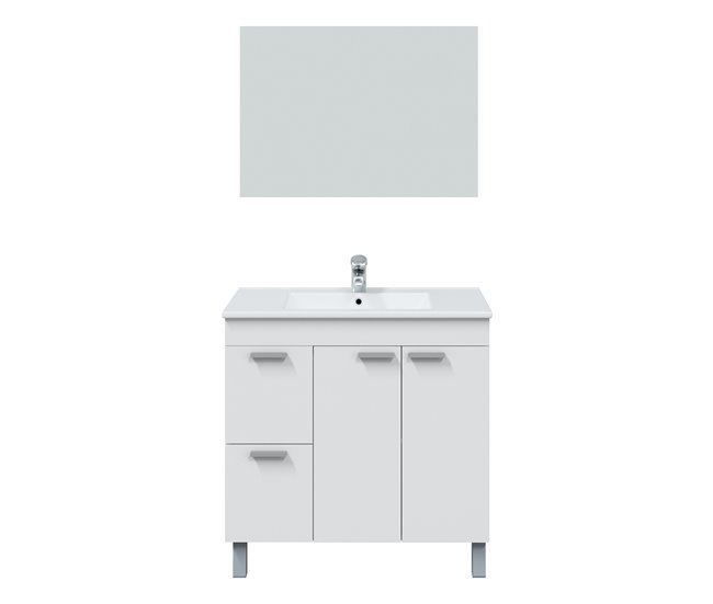 Mueble baño Adam 2 puertas 2 cajones, espejo y lavabo, Blanco brillo Blanco