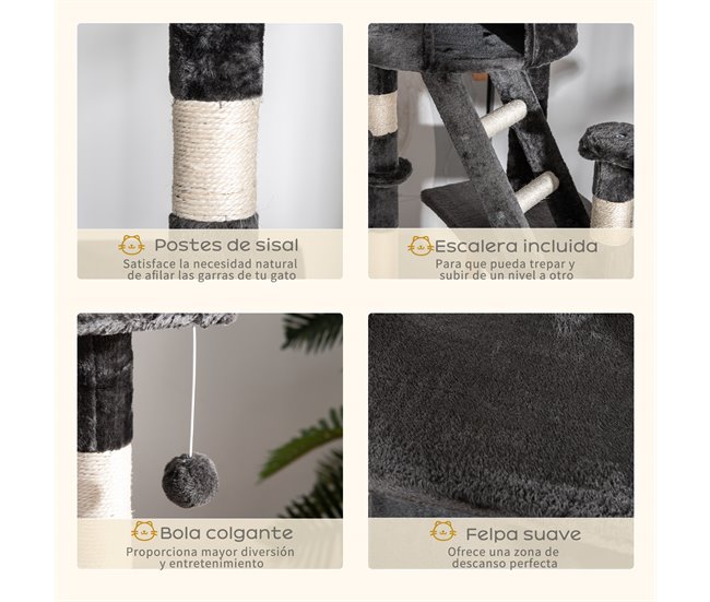 Árbol para Gatos Melamina, Cuerda de Sisal, Felpa PawHut Gris