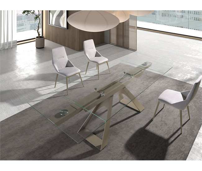 ANGEL CERDA Mesa comedor extensible rectangular cristal templado y acero gris taupé 240x100 Transparente