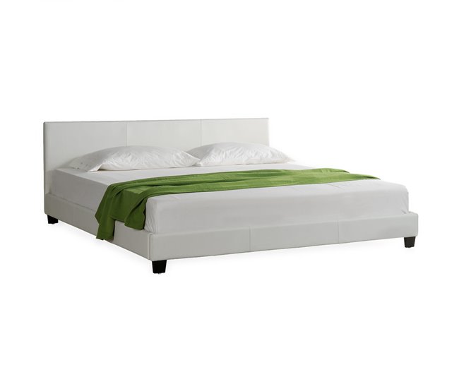 [Coruim] Cama de matrimonio Albacete de cuero sintético Blanco/ Beige