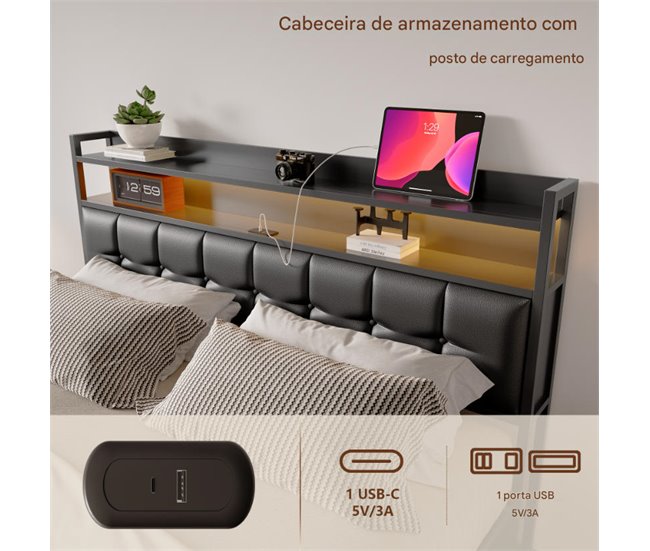 Cama doble con puerto USB, LED y almacenaje. Negro