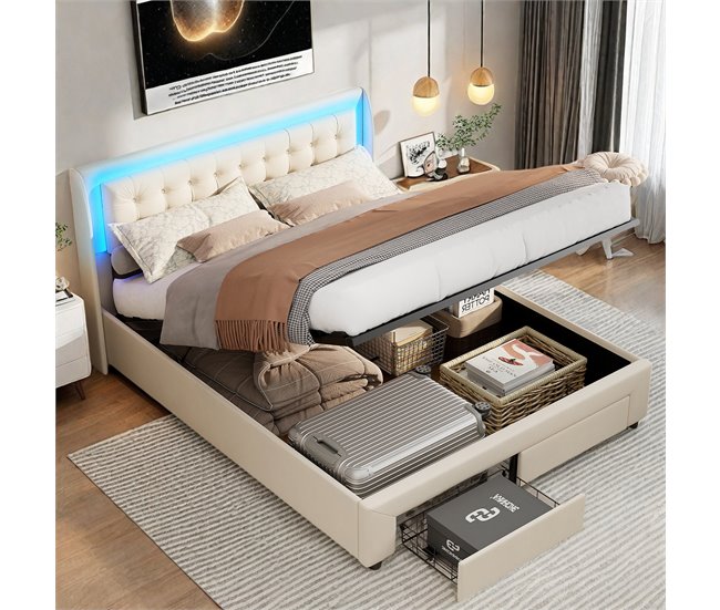 Cama, cajón, LED, USB, bolsa de almacenamiento. 185x203 Beige