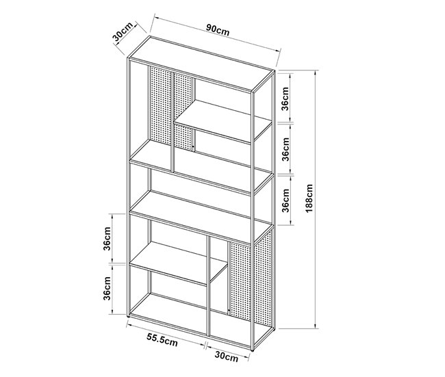 Estantería de pie Vehmaa de 7 compartimentos abiertos + panel Negro/ Gris