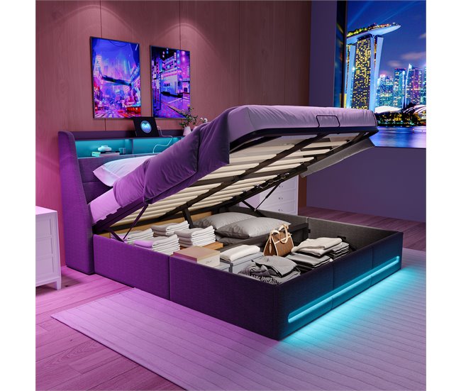 Cama, USB, Cama juvenil, LED Gris