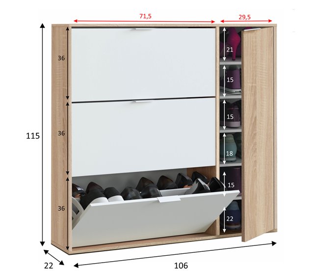 Mueble zapatero 4 Puertas Dana Roble/Blanco Roble