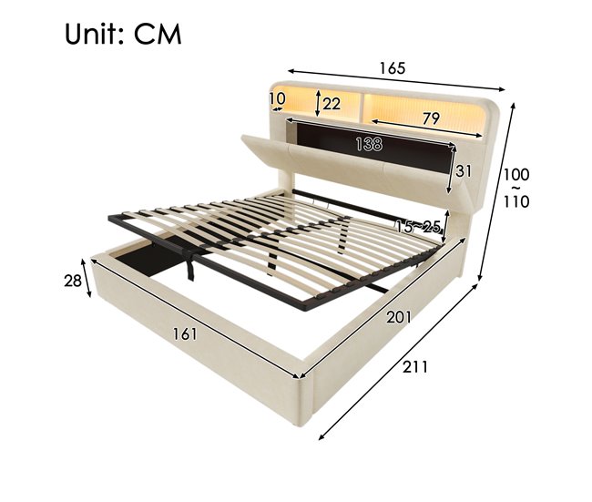 Cama con almacenaje de terciopelo 165x211 Beige