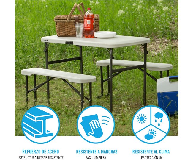 Conjunto plegable mesa y 2 bancos utrarresistente LIFETIME 106x61x74 cm UV100 Crema
