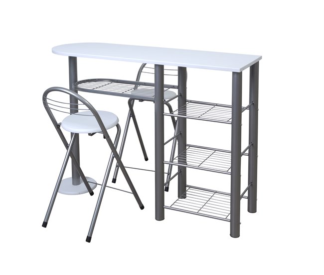 Conjunto barra y 2 taburetes de bar MALACCA II Blanco/ Plateado