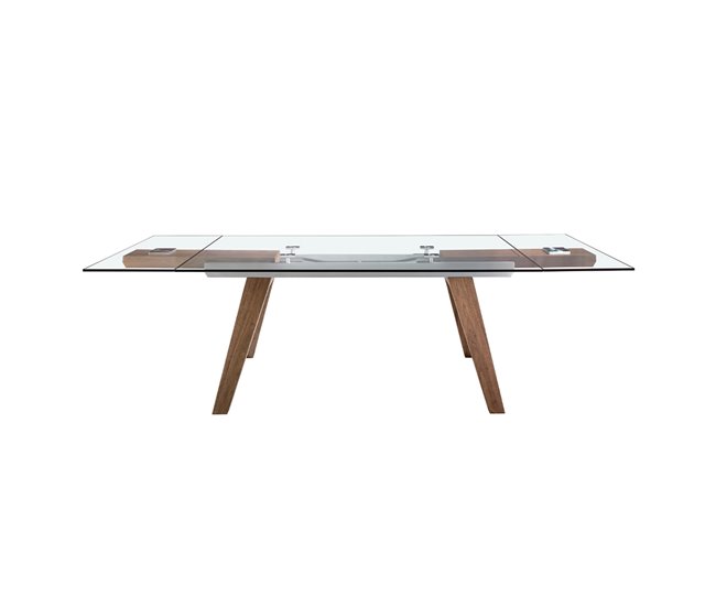 ANGEL CERDA Mesa comedor extensible rectangular cristal templado y nogal 270x100 Nogal