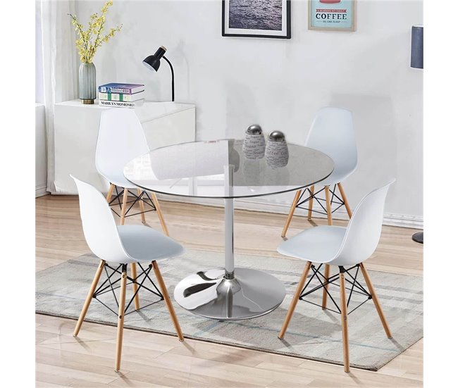 Pack Mesa Redonda de Cristal Templado + 4 Sillas Estilo Nordico 90x90 Transparente