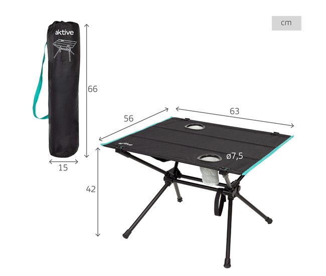 Aktive Mesa camping plegable con portavasos Negro
