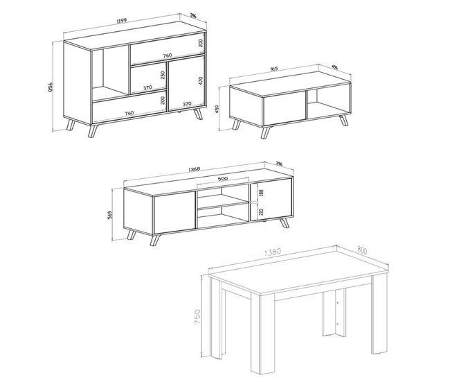 Pack de Muebles de Salón - Aparador + Mesa de Centro + Mueble TV - Modelo Naturale Roble