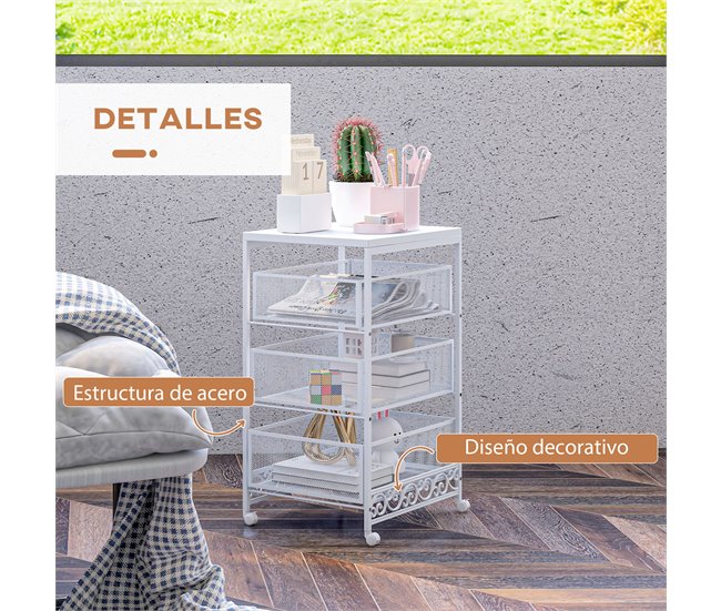 Carrito de Almacenamiento Melamina de Madera, Acero HOMCOM Blanco