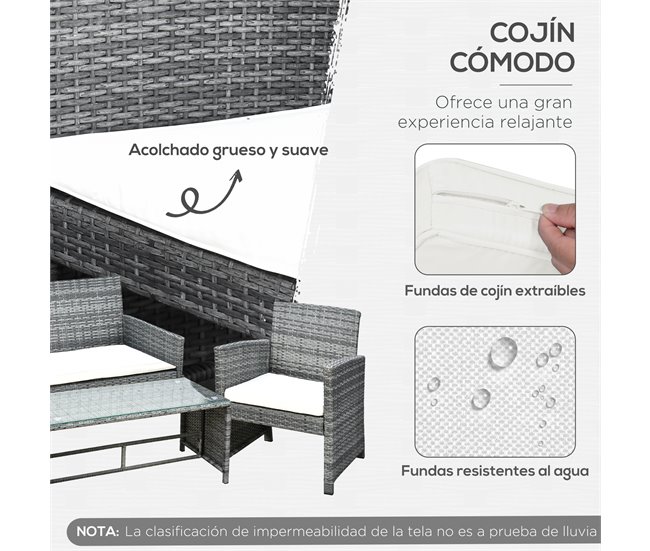 Muebles de Ratán Poliéster, Ratán PE, Vidrio, Metal Outsunny Gris