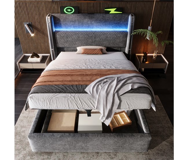 Cama con almacenaje de lino Gris