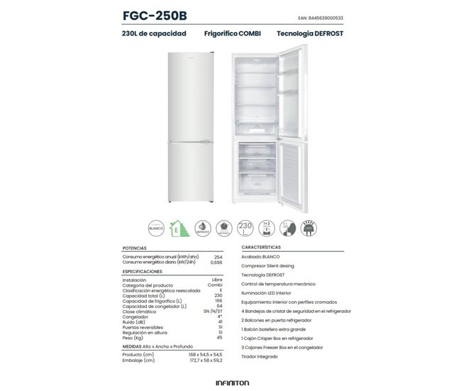 Frigorifico Combi Infiniton FGC-250B, 230 Litros DEFROST Blanco