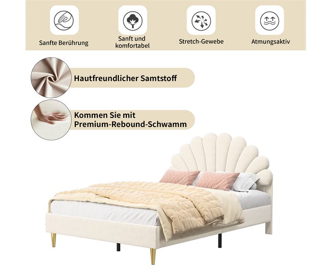 Cama doble acolchada con somier de láminas 140x203 Beige