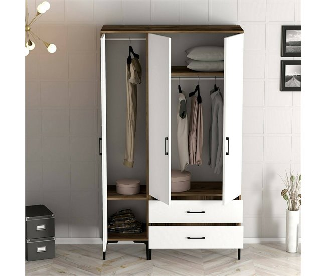 Armário de 3 portas com efeito madeira 120 Blanco/ Madera