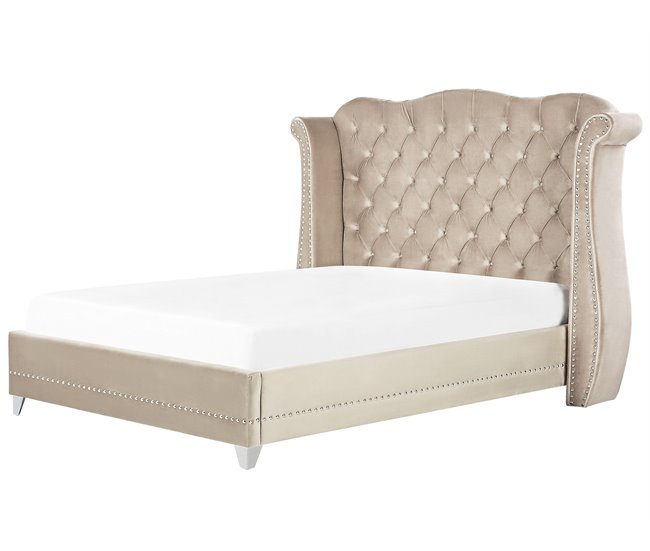 Beliani Cama con somier Terciopelo AYETTE 225x215 Beige