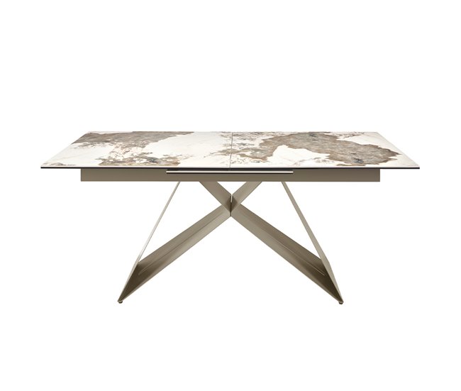Mesa comedor extensible rectangular mármol porcelánico y acero color champagne Blanco/ Rojo