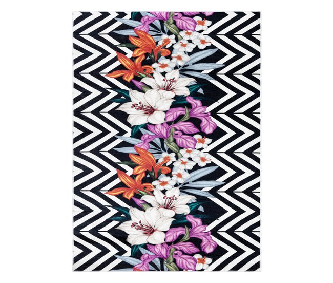 Alfombra lavable ANDRE 2300 flores zigzag 80x150 Negro