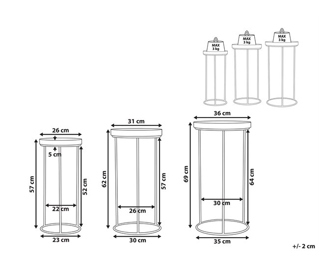 Beliani Conjunto de 3 mesas auxiliares TEXON 36x36 Negro
