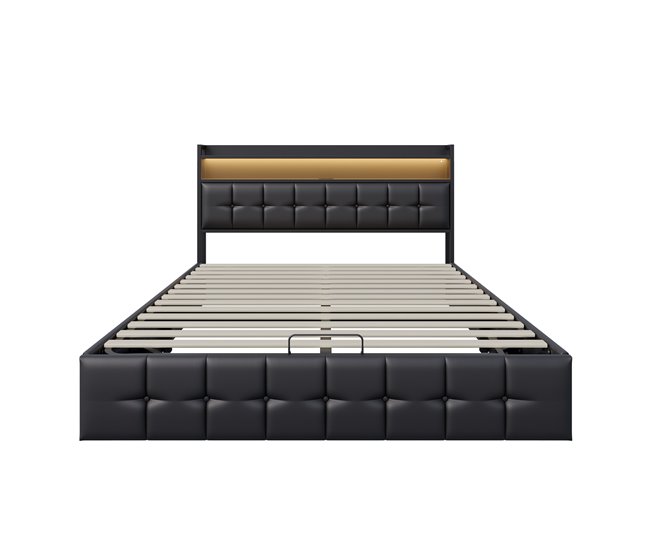 Cama doble con puerto USB, LED y almacenaje. Negro