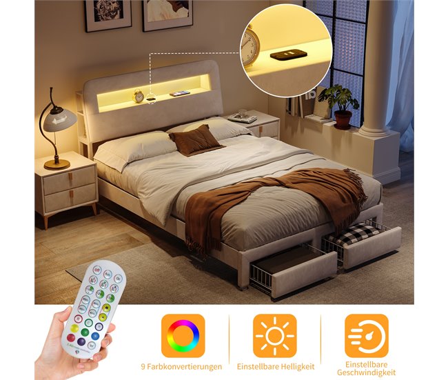 Cama tapizada, LED, USB, 2 cajones Beige