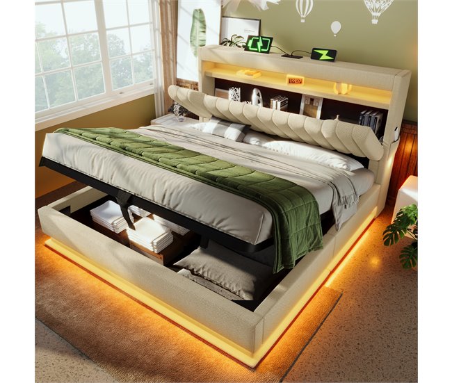 Cama de matrimonio de lino con almacenaje 142x218 Beige