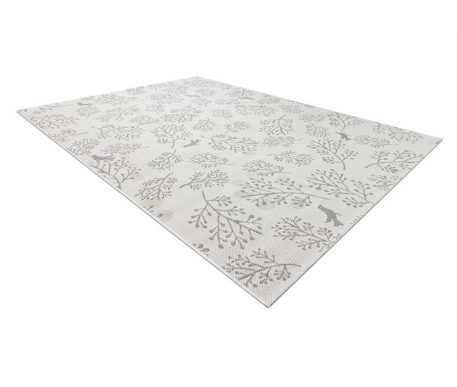 Alfombra de cuerda sisal FLAT Hojas Pájaros 140x200 Blanco/ Gris