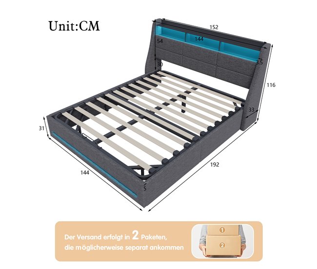 Cama, USB, Cama juvenil, LED Gris